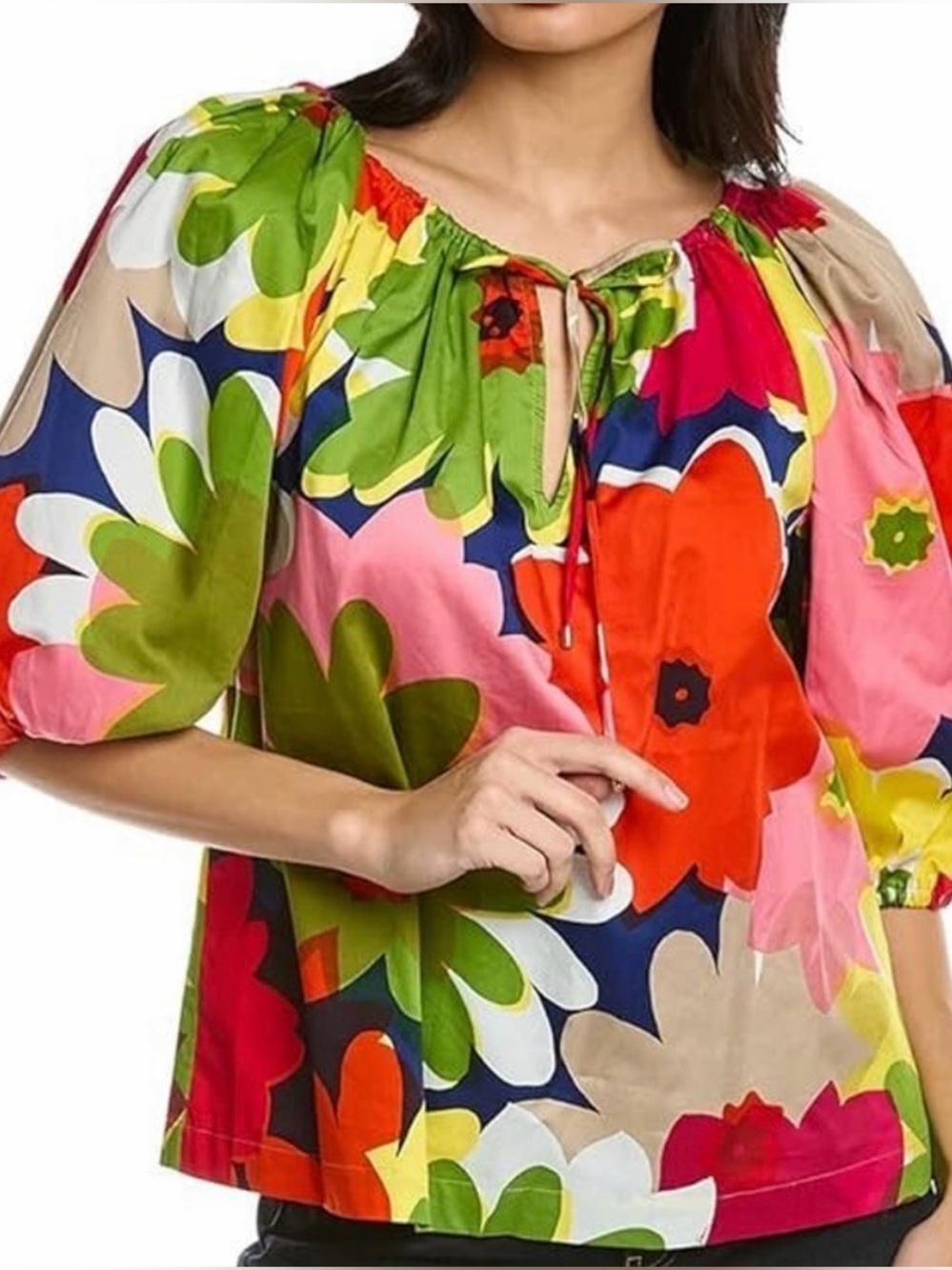 Trina Turk Las Palmas Bold Floral Peasant Top with Puff Sleeve